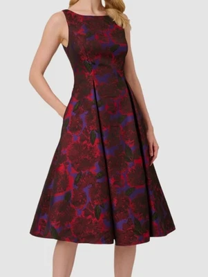 Adrianna Papell Women's Red Jacquard Tea-Length Dress Size 14 - Image 1 of 3