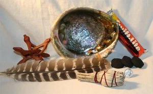 California WHITE Sage Abalone Shell Charcoal Tablets Wood Stand Smudging Feather - Picture 1 of 1