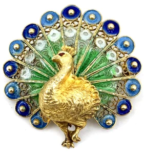 Spilla Pavone Oro Dorato Argento 800 Smalto Blu Verde Filigrana Italia FORMIGLI - Foto 1 di 9