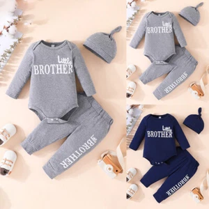 2PCS Baby Boys Long Sleeve Round Neck Pullover Letter Printed Tops Pants Hat Set - Picture 1 of 32