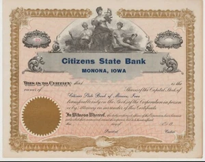Certificado de acciones de Citizens State Bank Monona Iowa - Imagen 1 de 1