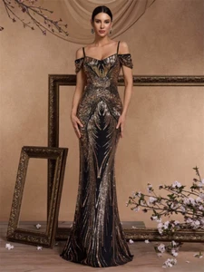 Elegant Off-Shoulder Sequin Evening Dress Long New Women Mermaid Formal Dress Pa - Picture 1 of 12