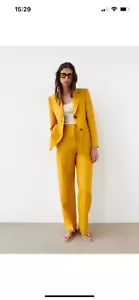 Zara SUIT LINEN Blazer Jacket Wide Leg Masculine Trousers S Co Ord Mustard  - Picture 1 of 12