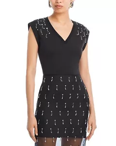 Camiseta CINQ A SEPT Lágrima Cristal Adornada Cuello en V Bella S Negra $225 Nueva con Etiquetas - Imagen 1 de 10