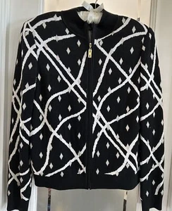 St John Black Pattern Knit Padded Zipper Cardigan Jacket Top Petite - Picture 1 of 7