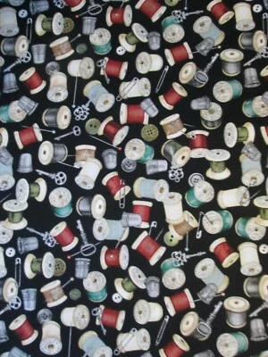 THREAD SPOOLS OF THIMBLE NEEDLES THREADER MORE ON BLACK COTTON FABRIC FQ - Image 1 of 4