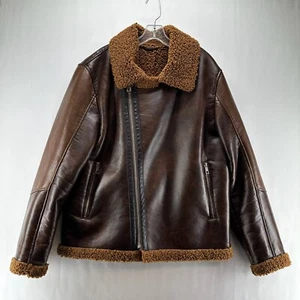 Zara Aviator Jacket Men Sz L Faux Leather Sherpa Lined Asymmetric Full Zip Brown - Picture 1 of 12