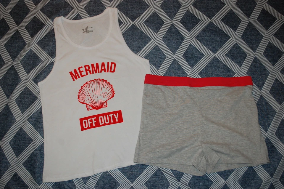 Conjunto de Pijama Feminino BRANCO REGATA TOP Design Vermelho SERMAID OFF DUTY Shorts Cinza M 8-10 - Imagem 1 de 1