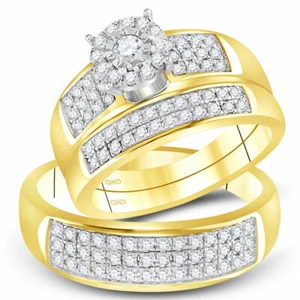 14kt Yellow Gold His Hers Round Diamond Halo Matching Bridal Wedding Ring Set - Picture 1 of 3