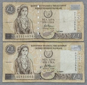 Central Banknote Of Cyprus - £1 Lira/Pound Banknote 2001 x2 (AT318858/AU833665) - Picture 1 of 2