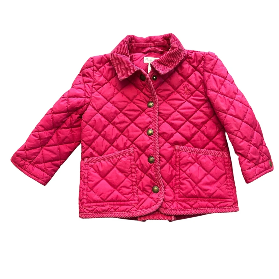 Ralph Lauren 女孩绗缝谷仓夹克 24 米粉色按扣灯芯绒领 (5) — 第 1/4 张图片