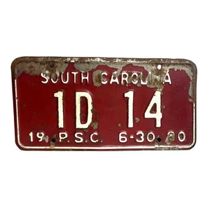 Vintage 1980 South Carolina Red License Plate "# 1D 14 ~ 19 P.S.C. 6-30 80" - Picture 1 of 2