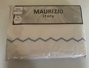 Set lenzuola MAURIZIO ITALY KING 4 pezzi ricamo italiano bianco blu - Foto 1 di 5