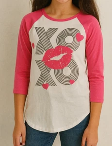 Rocker Girl All Access Girls Top Sz S (3/5) Pink White XOXO Lips Y2K High Low - Picture 1 of 8