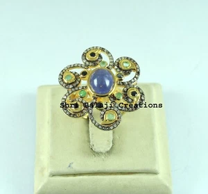 Natural Rosecut Diamond Tanzanite Emerald & Sapphire 925 Sterling Silver Ring - Picture 1 of 2