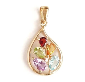 Solid 9ct Gold Rainbow Mixed Gemstones Teardrop Pendant. Topaz. Garnet. 375. 9K - Picture 1 of 8