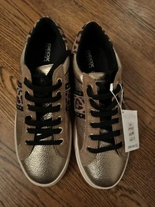 Geox Women's Leather Sneakers Italian Pontoise Cheetah Tennis Shoes GOLD$125 - Picture 1 of 12