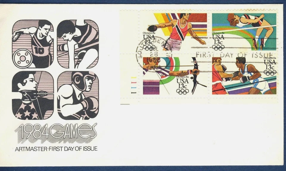 US 1983 Summer Olympics PLATE BLOCK (2051a) . Artmaster Cachet . FDC - Image 1 of 1