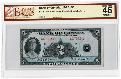 Canada 2 Dollars 1935 EF "A" Osbourne-Towers BCS Graded EF 45 Original - Image 1 of 2