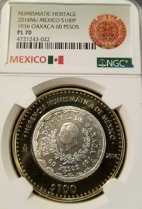 2014 MEXICO S100P 1916 OAXACA 60 PESOS NGC PL 70 SILVER CORE PERFECTION POP 5 - Picture 1 of 3
