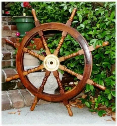 36'' Big Nautical Ship Steering Wheel Wooden Antique Teak Brass Pirate Ship's - Image 1 of 4