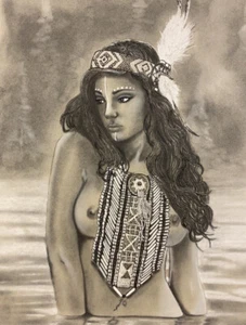 NATIVE AMERICAN INDIAN WOMAN FEMALE 9x12 Charcoal Drawing - Picture 1 of 5