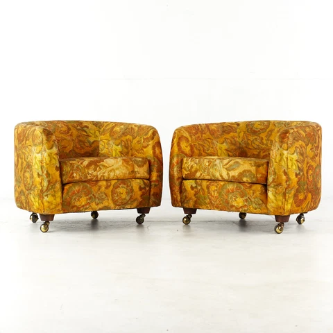Selig Mid Century Imperial Barrel Lounge Chairs with Casters - Pair Cover