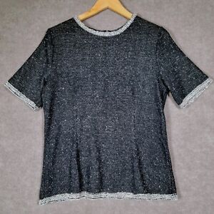 CABI Sweater Women's Large Coco Shell Black Boucle Short Sleeves Zip Back Blouse