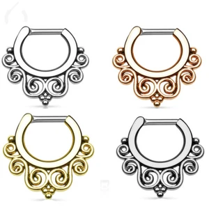 1 - Beaded Line with Swirl Ends Non-Piercing Septum Hanger Ion Steel Rings F78 - Picture 1 of 5