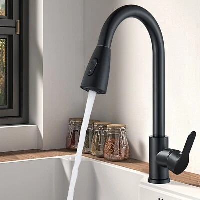Modern Black Kitchen Sink Mixer Taps Pull Out Spray Single Lever Swivel Mono Tap - Image 1 of 4