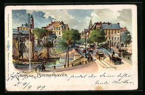 Künstler-AK Bremerhaven, Geestebrücke mit Kutschen und Strassenbahn  - Picture 1 of 2
