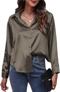 Women Silk Satin Shirt Long Sleeve Formal Work shirts Shiny Blouse Top Elegant - Picture 1 of 6