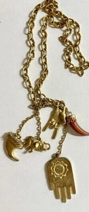 Vtg Good Luck Necklace W/Horns Elephant Trunk Hamsa Hand Charms Pendants Gold P - Picture 1 of 4