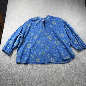 J Jill Top Damen L blau 3/4 Arm Schlitz Ausschnitt Blumen kastig Bauern Cottagecore - Bild 1 von 12
