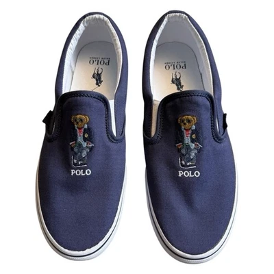 Polo Ralph Lauren Azul Marino Keaton Lona Sin Cordones Madrás Oso Deck Zapatos 10 Foto 1 de 4