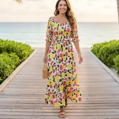 Maxi Vestido STEVE MADDEN Manga Abullonada Calada Pequeño Rosa Limón Estampado Cítrico Foto 1 de 4