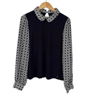 Tommy Hilfiger Geo Print Sleeve Collared Blouse Black White Sz L Career Office - Picture 1 of 10