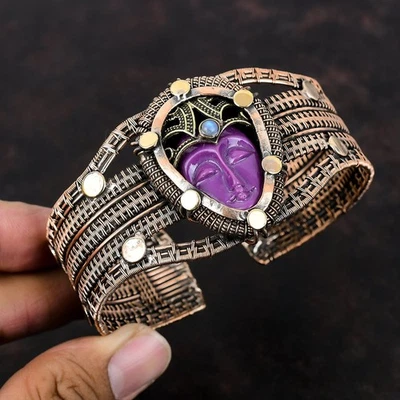 Pulseira de cobre pera roxa esculpida rosto pedra arco-íris pedra da lua esposa fio embrulhado - Imagem 1 de 4