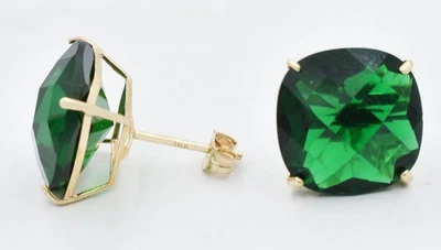 LAB CREATED Checkerboard EMERALD 16.80 Cts STUD EARRINGS 14k GOLD - MADE IN USA - Image 1 of 3