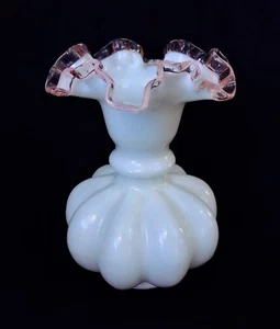 Fenton Rose Crest White Milk Vase Glass #192-8" Double Crimped Vintage 1946-1948 - Picture 1 of 4