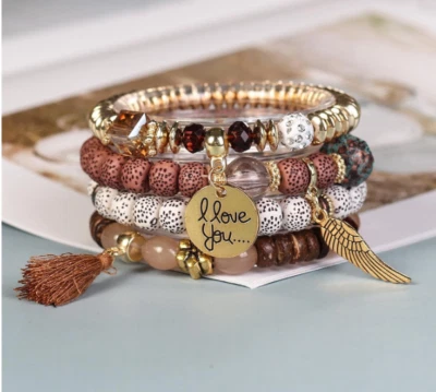 Juego de 4 brazaletes de coachella bohemios vintage con cuentas para mujer pulsera de cuentas de semillas Foto 1 de 4