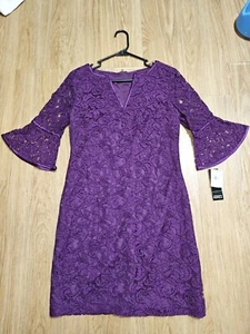 NWT Adrianna Papell Womens Sz. 6 Lace Shift Dress Bell 3/4 Sleeve Purple Short - Picture 1 of 6