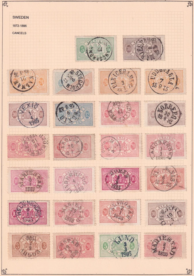 Sweden Official Stamps 1874-1895 Various Bulls Eye Cancels 26 Stamps SCV $356.70 - Image 1 of 1