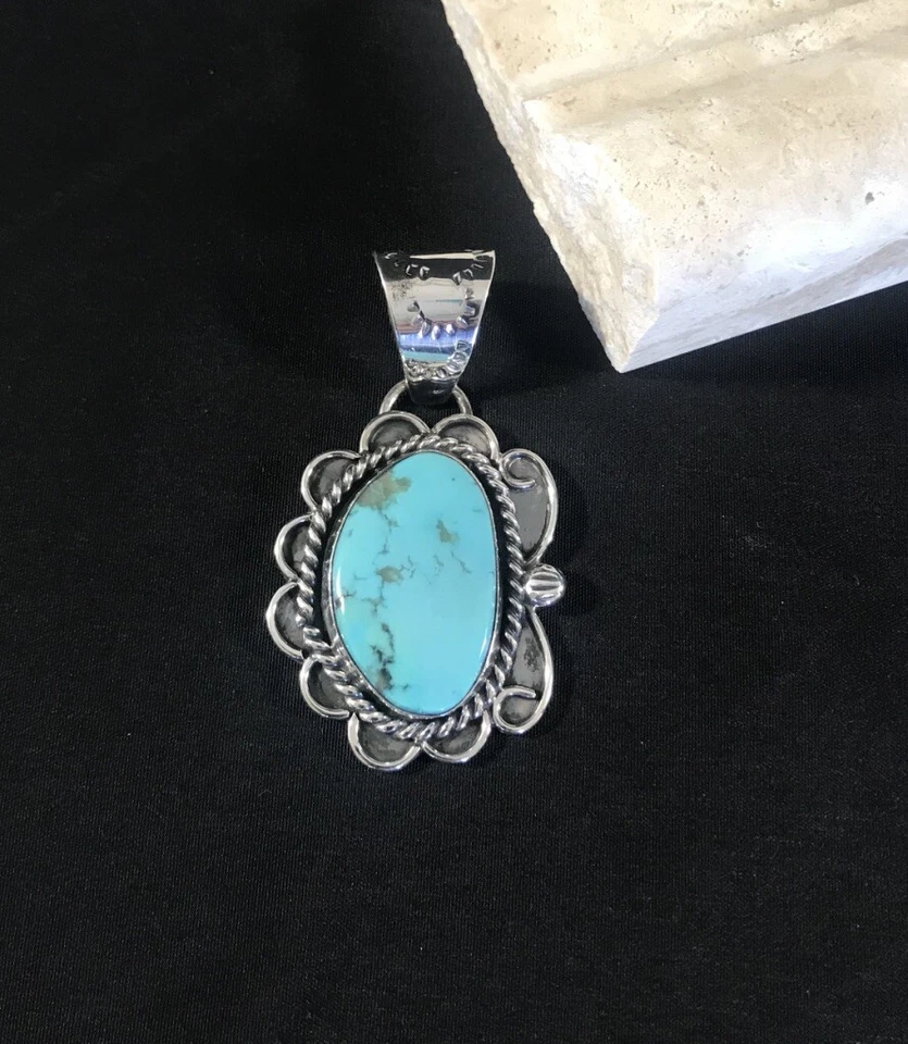 Navajo Made Royston Turquoise Sterling Silver Pendant Necklace. Signed - Image 1 of 2