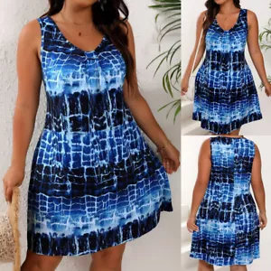 Womens Casual A-Line Print Round Neck Sleeveless Mini Dress Ladies Summer Dress - Picture 1 of 15