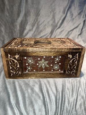 "Caja de pañuelos de madera tallada hecha a mano vintage con incrustación de cuentas florales 10""x6""x4,5""" Foto 1 de 4