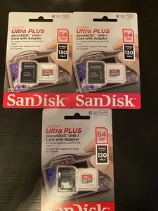 Three Sandisk Ultra Plus 64GB Speed 130MBs MicroSDXC UHS-I Card with Adapter - Picture 1 of 2
