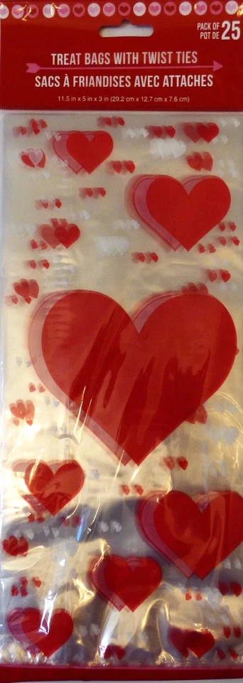 Valentine's Day ~ 25 Treat Bags w/ Ties Party Treat Goody Plastic Bags ~ Hearts - Image 1 of 1