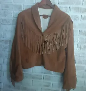 Giacca Midriff Vintage Artigianale Messicana In Pelle Frange L Bottone a Scatto NOTA - Foto 1 di 10