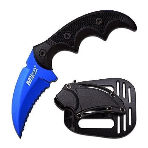 M-Tech 20-63bl Fixed Blade Knife Blue Serrated Hawkbill Black Finger Groove